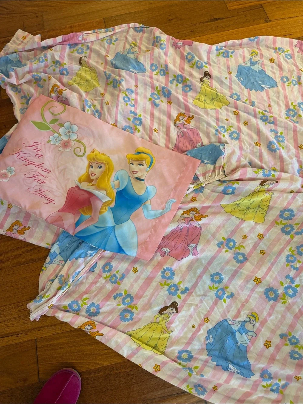 Vintage Y2K Disney Princess Twin Bed Sheet Set 3pc Pink Stripe Fabric DIY Sewing